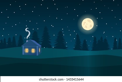 Night landscape in the background of the forest, the moon, stars and the wooden house.