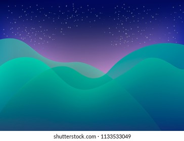night landscape background with green hills and stars in the sky