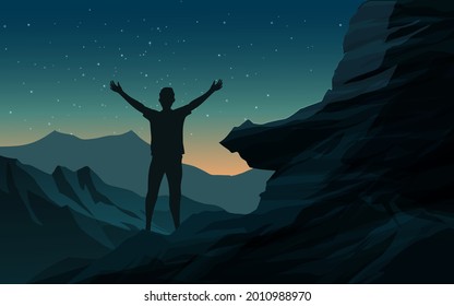 Night landscape background with man on mountain