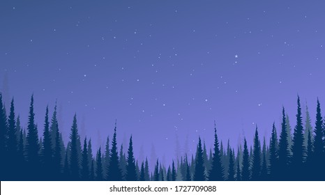 Night landscape background with Pine Forest and Star, space for text in put, vector