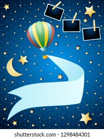 Night landscape with balloon, banner and photo frames. Vector illustration eps10
