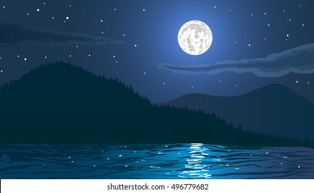 Night Landscape. Beach By The Sea With Mountains And Full Moon. Vector Illustration. 