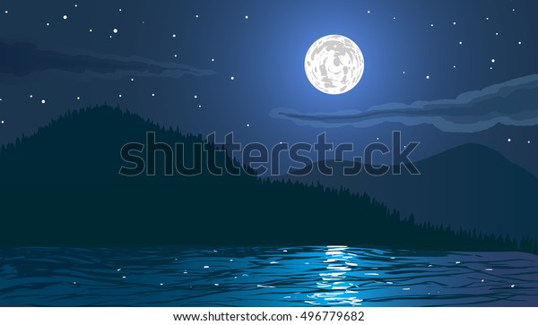 夜景 海辺に山と満月の海岸 ベクターイラスト のベクター画像素材 ロイヤリティフリー 496779682