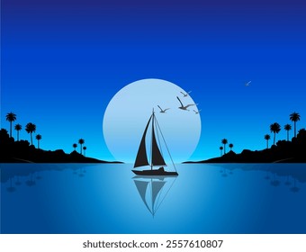 Night landscape with big moon Background design.