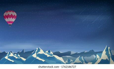 Night landscape with big snowy mountains on the horizon, starry sky, thick clouds over the mountain tops and a air balloon in the sky