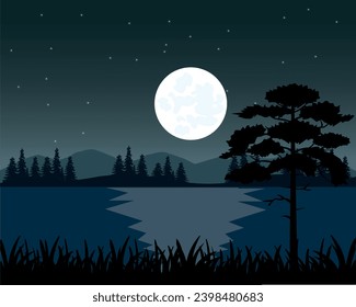 Night landscape big yard and mountains with wood