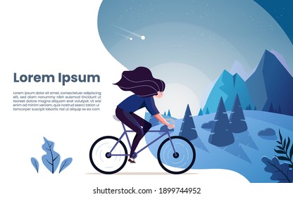 Night landscape with a bike. Young woman riding bike at night. Female athlete, sport exercise, Natual night trip. a Nighttime landscapes and natural Trip.