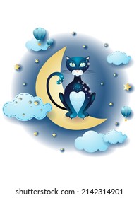 Night landscape with black cat and moon, fairy tale. Vector illustration eps10