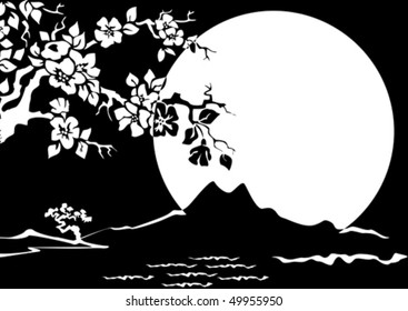Night landscape with a blossoming Oriental cherry