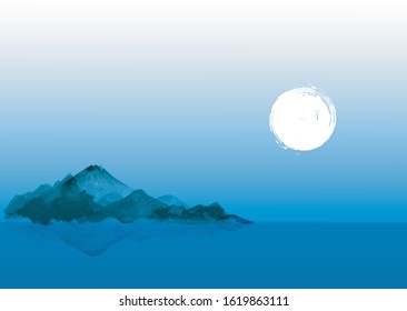 Night landscape with blue mountains in water and the Moon. Traditional oriental ink painting sumi-e, u-sin, go-hua