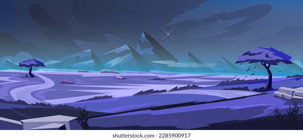night landscape in blue tones, savannah with rare trees, mountains visible in the distance