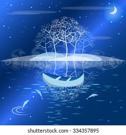 Night landscape boat on the water under the moonlight