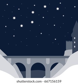 Night landscape with a bridge and medieval fortress town on the shore. Vector card.