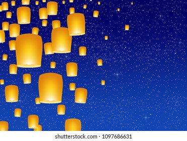 Night landscape with bright blue sky with glowing stars with yellow lights and flying chinese lucky lanterns with clematis on left on a blue background 