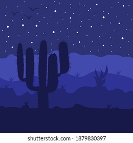 Night landscape with cactus stars and three birds vector flat illustration