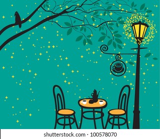 night landscape with night cafe in the streetlight