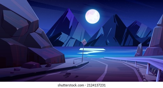 Night landscape with car road, river, mountains on horizon and full moon in sky. Vector cartoon illustration of lake with asphalt highway with sign and fencing and white rocks on coast