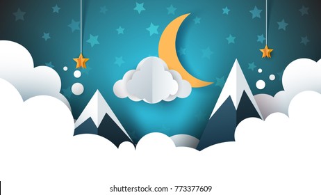 Night landscape - cartoon illustration. Cloud, mountain, moon star Vector eps 10