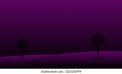 night landscape cartoon scene background with silhouette tree on hill and starry sky