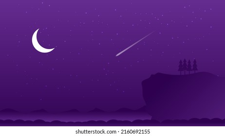 night landscape cartoon scene. cliff with silhouette tree and crescent moon with meteor in the starry sky