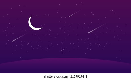 night landscape cartoon scene. dark hill with crescent moon and meteor in starry sky