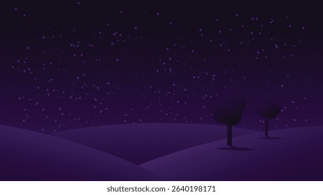 night landscape cartoon scene with hill and tree and starry sky background