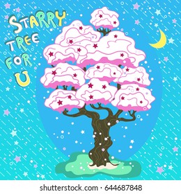 Night landscape with cartoon starry tree. Pink blossom upper branches. Greeting card. Vector illustration with background.