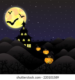 night landscape with a castle witches on Halloween