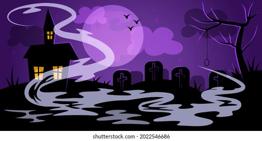 The night landscape of the cemetery for Halloween in purple. Terrible tree with gallows, gnarled house, graves with crosses, clouds with the moon. Vector illustration of a creepy landscape.