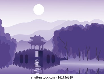   Night landscape with a Chinese ancient  bridge on the background of the mountains and the lunar sky.