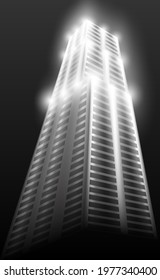 Night landscape. City building. Abstract vector illustration of a multi-storey building in the rays of illumination on the background of the night sky. A blank for creativity.