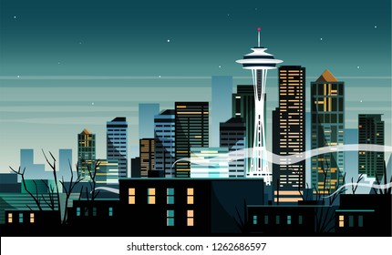 Night landscape of the city of Seattle, America.