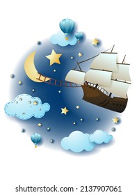Night landscape with clouds and flying vessel, fantasy illustration. Vector eps10