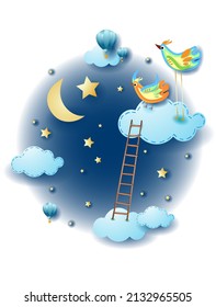 Night landscape with clouds, ladder and birds. Fantasy illustration vector eps10