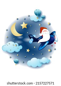 Paisaje nocturno con nubes y Santa en el avión, fantasía ilustración. Vector eps10
