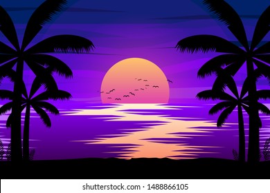 Night landscape with colorful sky and sea illustration