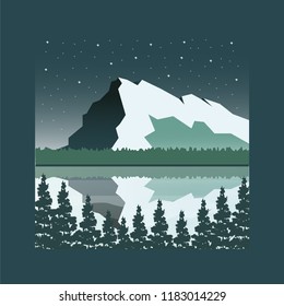 Night landscape concept logo web design. Beautiful geometric illustration. Realistic vector illustration view of nature landscape with forest, mountains,river/lake, pines, waterfall, sunrise.