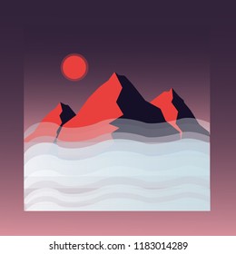 Night landscape concept logo web design. Beautiful geometric illustration. Realistic vector illustration view of nature landscape with moon, mountains and fog. Silhouette landscape.