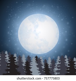 Night landscape with coniferous forest on starry sky background. Vector of the moon