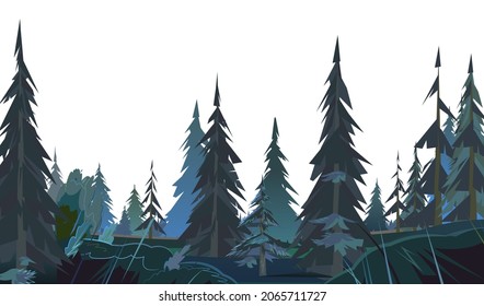 Night landscape with coniferous trees. Illustration in cartoon style flat design Isolated on white background. Vector.