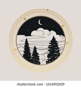 Night landscape with coniferous trees. Vector illustration