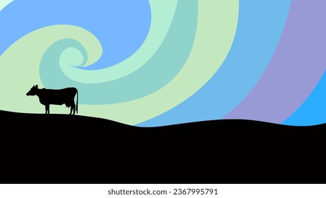 night landscape with cow, high quality vector