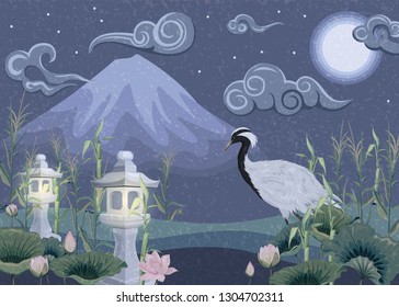 night landscape with a crane, mountain and lotuses