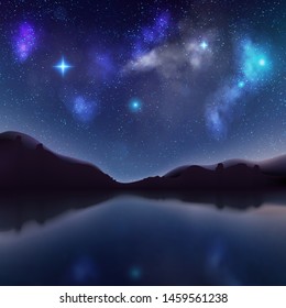 Night landscape with dark silhouettes of mountains and sky with stars. Mystical sunrise background with lake. EPS 10