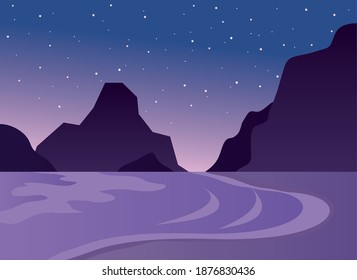 Night landscape with dark silhouettes of mountains and sky with stars, colorful design, vector illustration