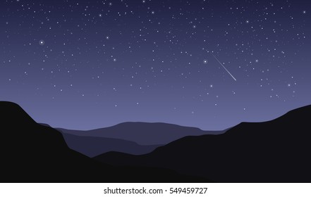 Night landscape with dark silhouettes of mountains and sky with stars - vector illustration