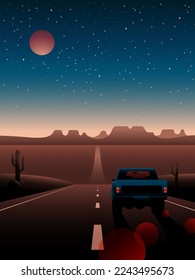 Night landscape of the desert and the car on the background of the mountains, stars and the moon.