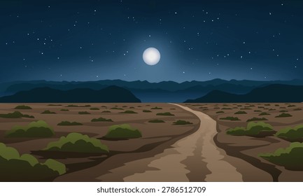 Night landscape with desert road and full moon