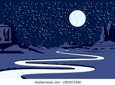 Night landscape with a deserted valley, mountains, a winding river and a full moon in a starry sky. Decorative vector background on the theme of the Wild West nature. Western scenery illustration