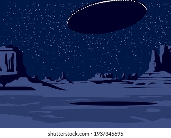 Night landscape with a deserted valley, mountains and a flying saucer in a starry sky. Decorative vector background on the theme of of alien invasion. Western scenery and UFO